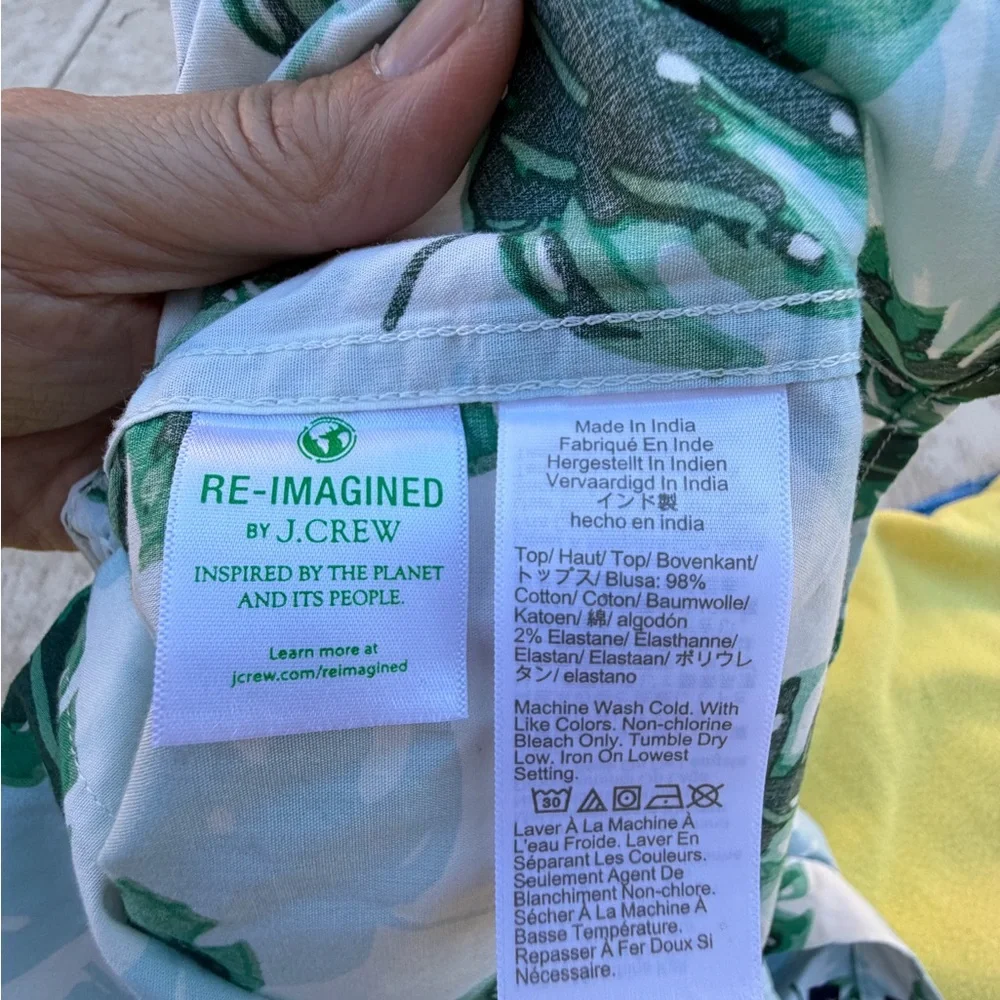 J. Crew White Short-Sleeve Button-Down with Green Leaf Print